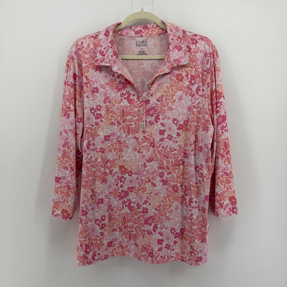 Croft & Barrow Womens Large Pink Floral 3/4 Sleeve Collared Button Front Top